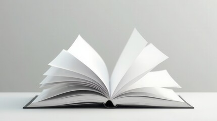 Open blank book with fanned pages in soft light on a smooth gray background, shallow depth adds calm focus and modern minimal clarity