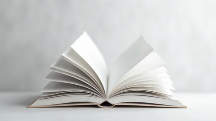 Fototapeta premium Open blank book with fanned pages in soft light on a smooth gray background, shallow depth adds calm focus and modern minimal clarity