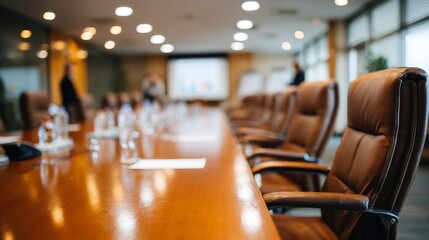 Modern conference room with sleek leather chairs, glass walls, natural light, and blurred presentation screen creating a professional setting ideal for business meetings and corporate discussions
