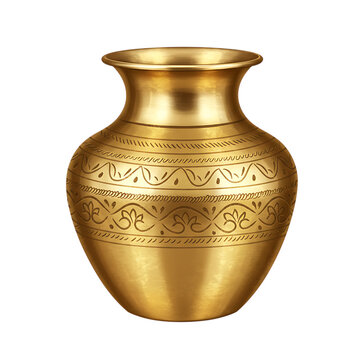 A beautifully ornate brass pot, a traditional indian vessel with intricate engraved patterns, isolated on a clean transparent background, symbolizing cultural heritage and religious significance