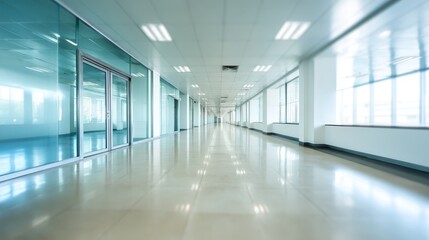Fototapeta premium Modern corporate office corridor with glass walls, sleek furniture, and soft bokeh lighting creating a professional and dynamic workspace ambiance