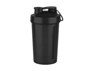 Black protein shaker for fitness, nutrition on transparent background