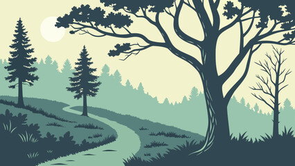 Obraz premium Silhouette landscape with winding path through trees and a sunlit sky in a serene and peaceful scene