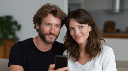 a happy couple using a smartphone together at home, couple technology, digital lifestyle, modern couple, shared moment, online productivity