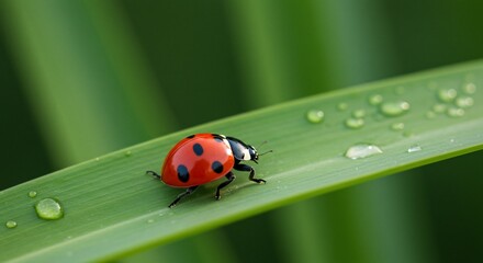 Obraz premium Ladybug on Dew-Kissed Blade of Grass in Vibrant Green Field