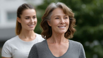 A healthy senior woman receiving guidance from a fitness instructor, senior fitness, exercise coaching, healthy aging, outdoor workout, personal training