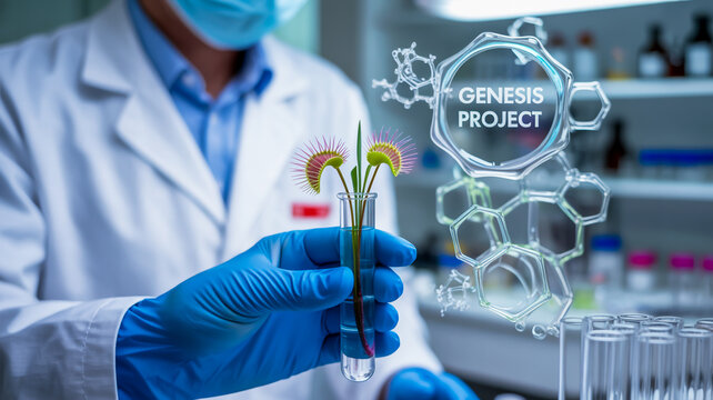 Scientist examines Venus flytrap in test tube with futuristic glowing molecular structure overlay