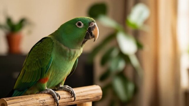 Green Parrot Calling Out Loud Indoors Sitting on Wooden Perch