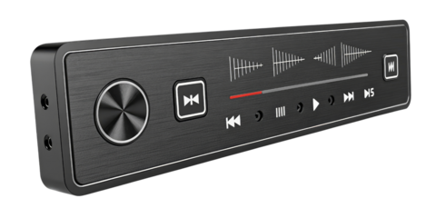 3D Render of Black Music Player Control Panel, Isolated on Transparent Background, digital, audio, interface, Music Player, Control Panel, 3D Render
