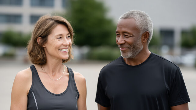 A happy senior multiethnic couple chatting after a fitness exercise, senior fitness, couple bonding, healthy aging, outdoor workout, social connection - Powered by Adobe