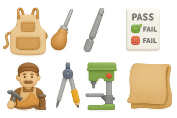 Cute carpenter tools and checklist in 3d cartoon style