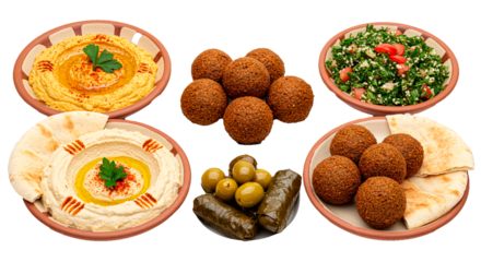 Delicious mediterranean cuisine hummus falafel tabbouleh grape leaves olives middle eastern food appetizer platter on transparent background