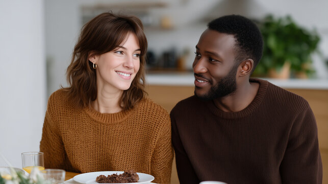 A multiethnic couple enjoying breakfast at home, couple bonding, morning meal, diverse couple, home warmth, happy breakfast