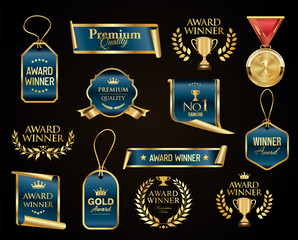 VIP, premium and gold award emblem badges and ribbon blue and gold isolated on gray background