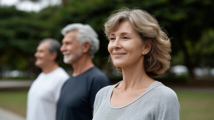 Seniors relaxing after a yoga session in a park, senior yoga, group wellness, outdoor relaxation, healthy aging, mindfulness practice