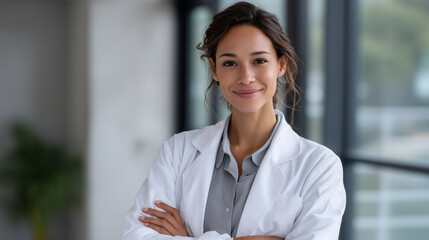 A smiling mixed-race doctor posing in a hospital, healthcare professional, doctor portrait, medical staff, hospital care, professional confidence