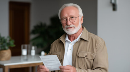 Fototapeta premium An elderly man reading a medicine leaflet with glasses, senior healthcare, medical information, elderly health, medication management, home care