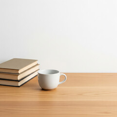 Minimalist Scandinavian Desk with Coffee Cup and Stacked Books on Wooden Surface, Isolated on White Background, Printable Home Office Wall Art

