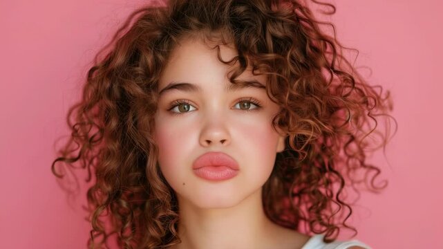 A person with curly hair making a funny face by sticking out their tongue