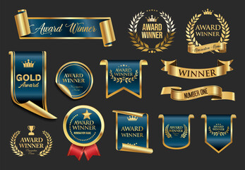 VIP, premium and gold award emblem badges and ribbon blue and gold isolated on gray background