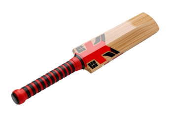 A cricket bat with a red and black striped grip, displayed against a black background.