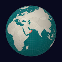 Oman on the map. Globe centered to Oman. Country location on the world map. Teal Pale Mint color palette. Globe with countries, meridians and parallels. Creative vector illustration.