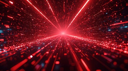 Intricate red cybersecurity interface with central hub. Glowing circuit patterns and data streams visualize complex network protection and threat detection