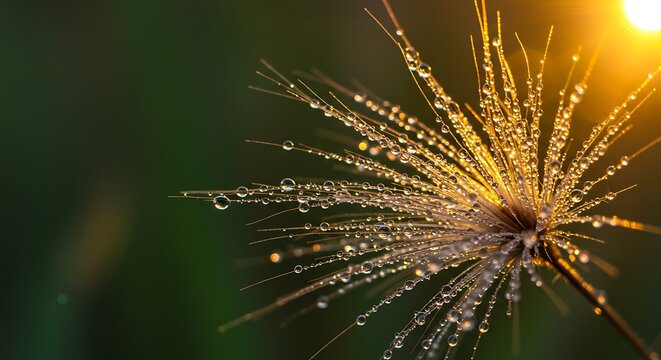 Macro Photography Of Delicate Seed Head Adorned With Glistening Morning Dew Drops, Beautifully Illuminated By Golden Sunlight Against A Soft Green Background.