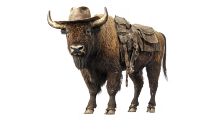 Unique cowboy buffalo standing with saddle and hat in an transparent background