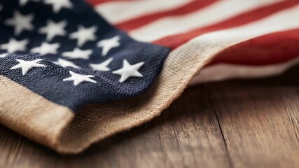 American flag gently folded on rustic wooden table