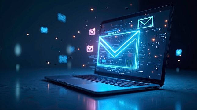 a 3d rendering glowing image of Email correspondence on laptop