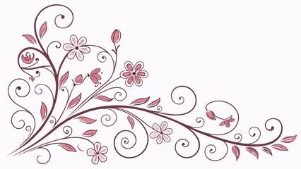 Floral design with pink flowers leaves and swirling brown branches in the corner of the image space