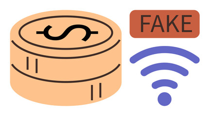 Stack of coins, FAKE label, wireless signal representing money fraud, digital scams, counterfeiting, cybersecurity threats. Ideal for fraud prevention, e-commerce, banking warning signs finance