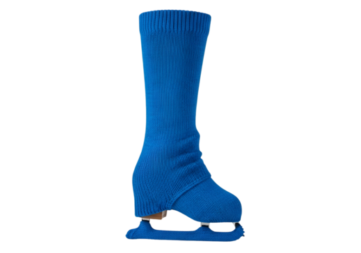 Vibrant royal blue figure skating socks accentuate a pair of skates against a pure black background.