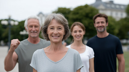 A senior group cheering after a workout in a park, senior fitness, group exercise, outdoor workout, healthy aging, joyful moment