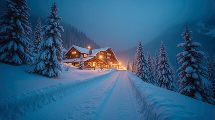 A panoramic view of a snow covered mountain resort with luxurious chalets nestled among pine trees glistening under soft morning light creating a picturesque