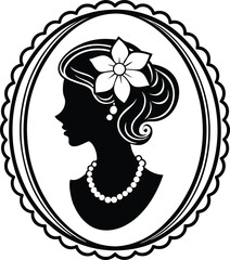Cameo silhouette vector on white background. cameo frame with floral accents. beautiful woman's head in a round frame on white background. 