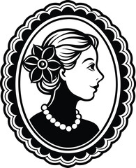 Cameo silhouette vector on white background. cameo frame with floral accents. beautiful woman's head in a round frame on white background. 