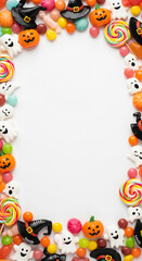 Obraz premium Vibrant and playful Halloween candy border, a delightful assortment of spooky treats like pumpkins, ghosts, and witch hats framing a clean white space for festive autumn designs