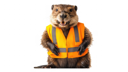 Beaver dressed in an orange safety vest standing confidently against an transparent background