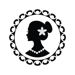 Cameo silhouette vector on white background. cameo frame with floral accents. beautiful woman's head in a round frame on white background. 