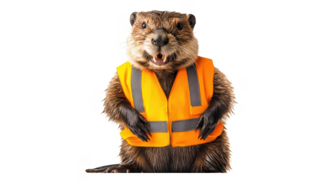 Beaver dressed in an orange safety vest standing confidently against an transparent background