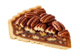 Close-up of a delectable pecan pie slice, showcasing a rich brown interior filled with caramelized pecans and a golden-brown pastry crust.