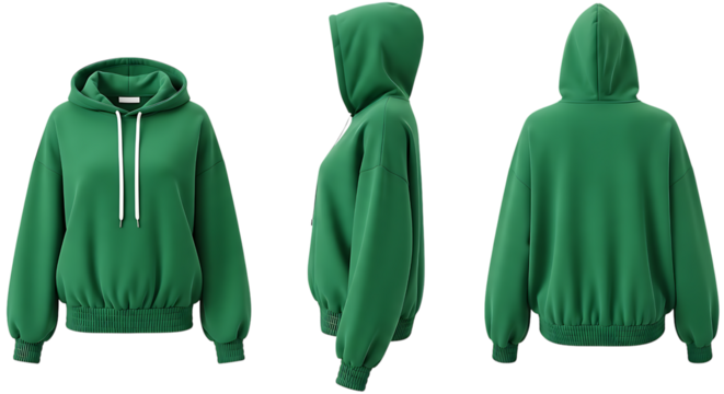 Green hoodie front side and back views on white background.