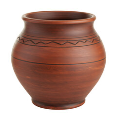 A rustic brown clay pot with traditional etched patterns, isolated on a transparent background, perfect for kitchen decor or traditional cooking