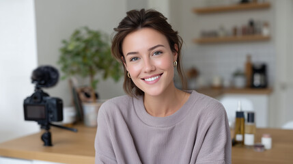 A smiling influencer recording a makeup tutorial with enthusiasm, beauty influencer, makeup tutorial, content creation, social media, digital lifestyle