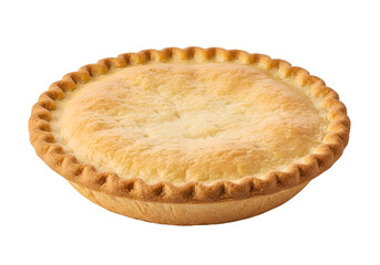 A golden-brown pie, its flaky crust showcasing a well-baked interior, is presented against a dark background.