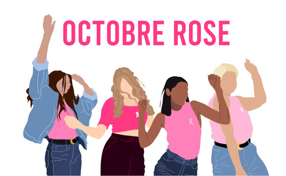 Sensibilisation au cancer du sein pour la campagne de pr&eacute;vention Octobre rose, groupe de femmes ethniques diverses avec un symbole de ruban de soutien sur la poitrine