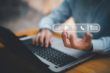 24-7 customer service support concept. Businessman hands holding digital contact icons, including email, phone, and chat, representing communication, accessibility, and online business care.