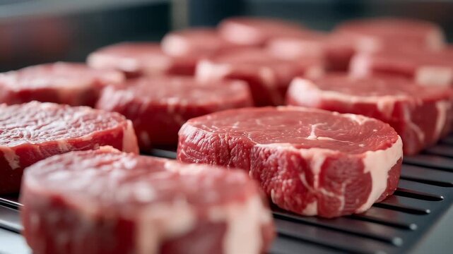Fresh beef steaks prepared for grilling on metal grid